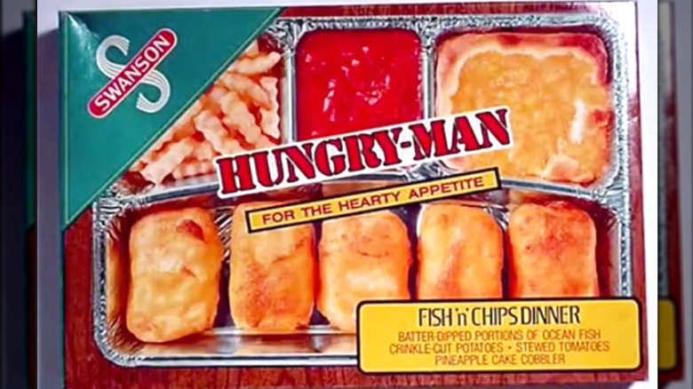 Front of TV dinner box for Swanson Hungry-Man Fish 'N' Chips Dinner
