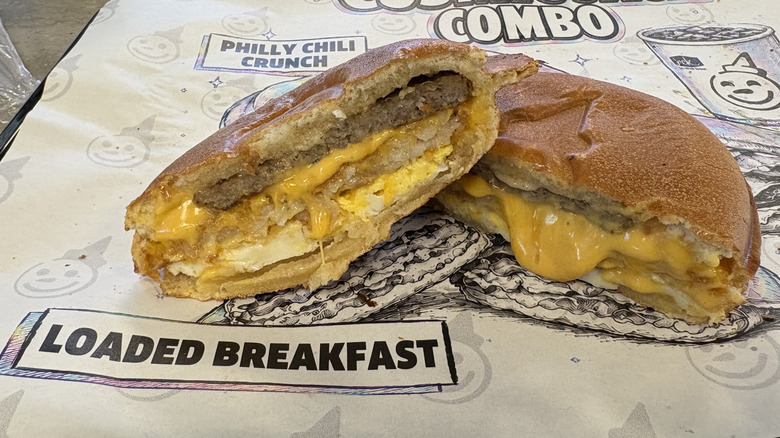 A Loaded Breakfast Cosmic Jack cut in half