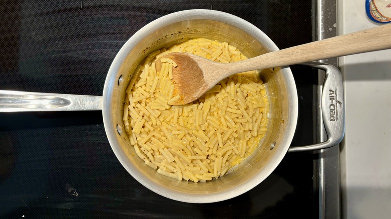 A pot of cooked mac and cheese