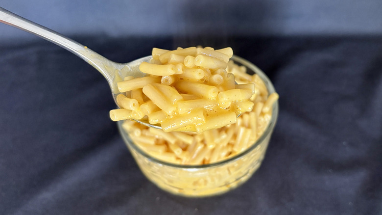spoon holding mac and cheese above bowl