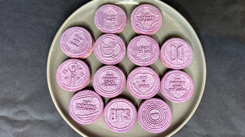Gray plate with purple BTS Oreo cookies