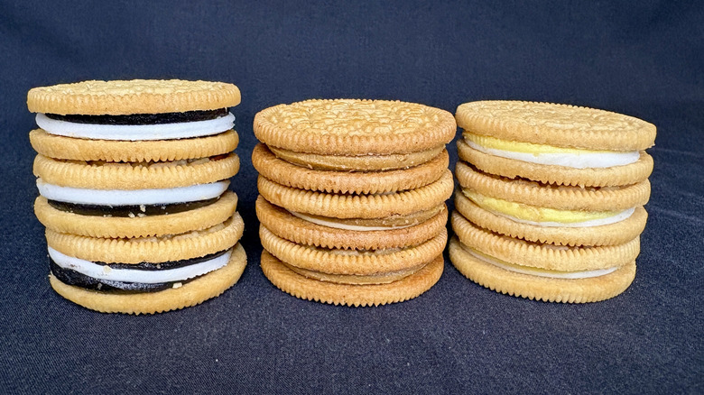 Three stacks of different flavor Oreos