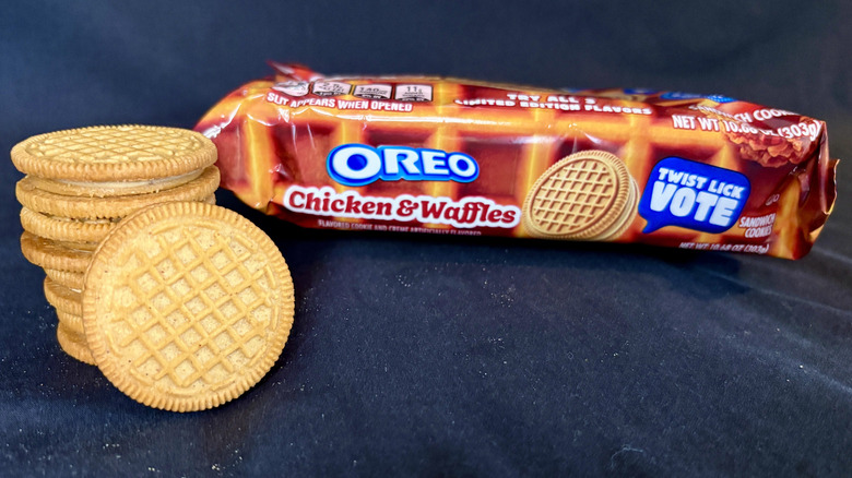Waffle print Oreo cookie in front of package of Chicken & Waffles Oreos
