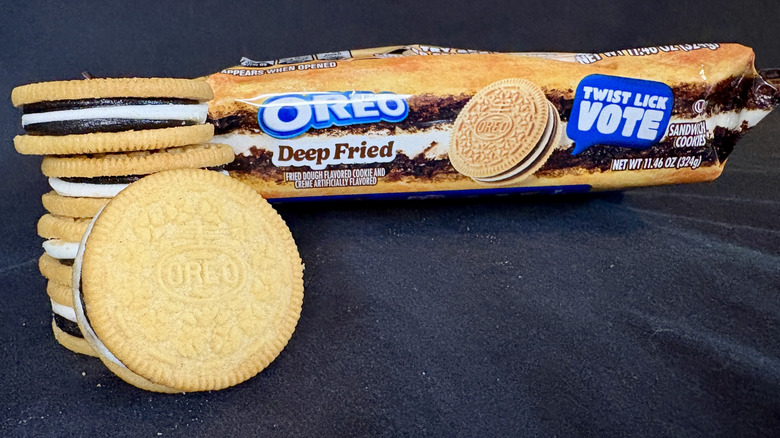 White cookie Oreos next to package of Deep Fried Oreos