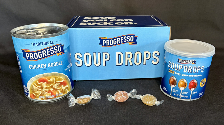 Soup drops box, lozenges, and cans of Progresso soup