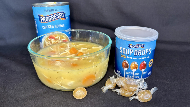 Bowl of soup with Progresso cans and soup drops