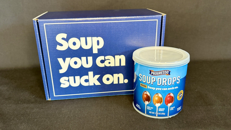 Box that says soup you can suck on and soup drops can