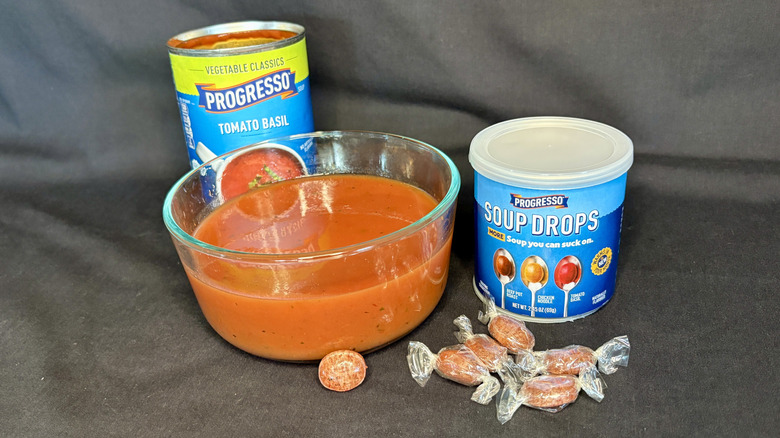 Bowl of soup with Progresso cans and soup drops