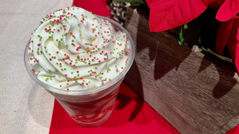 The top of a Frozen Peppermint Hot Chocolate in the Frappuccino cold cup from Starbucks