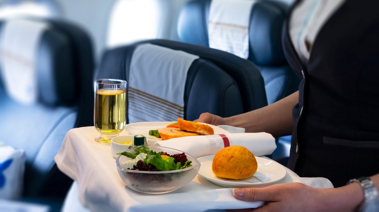 person with tray of airplane food salad and bread