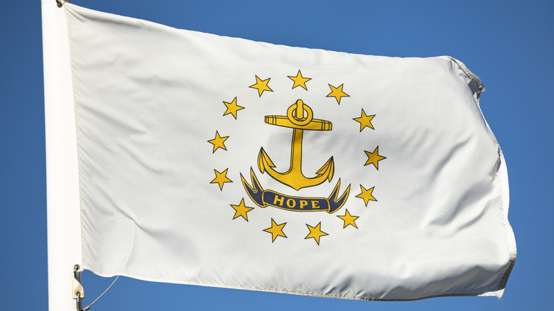 Rhode Island flag against blue sky