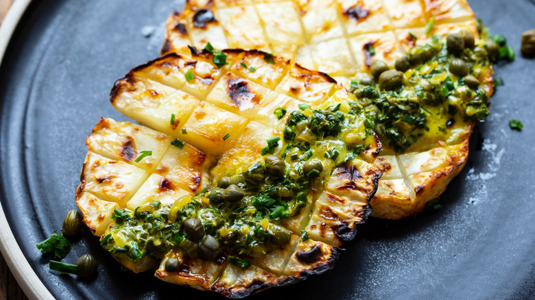 roasted celeriac in pan