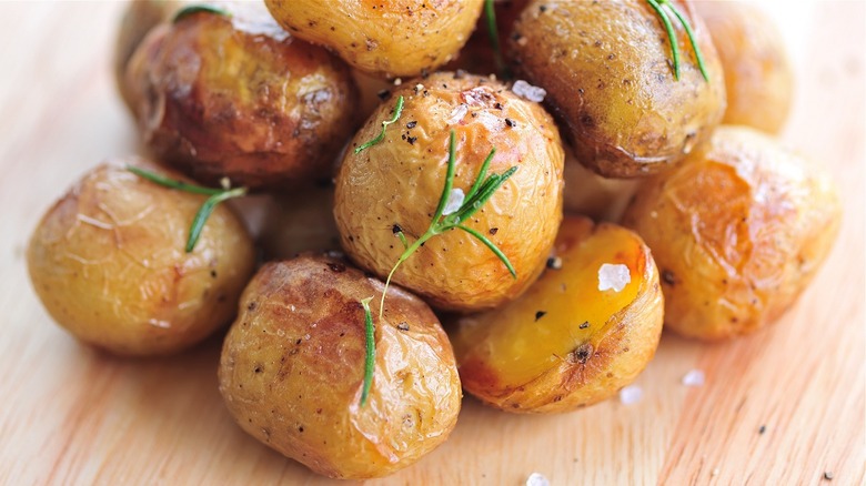 Roasted new potatoes with salt and herbs.