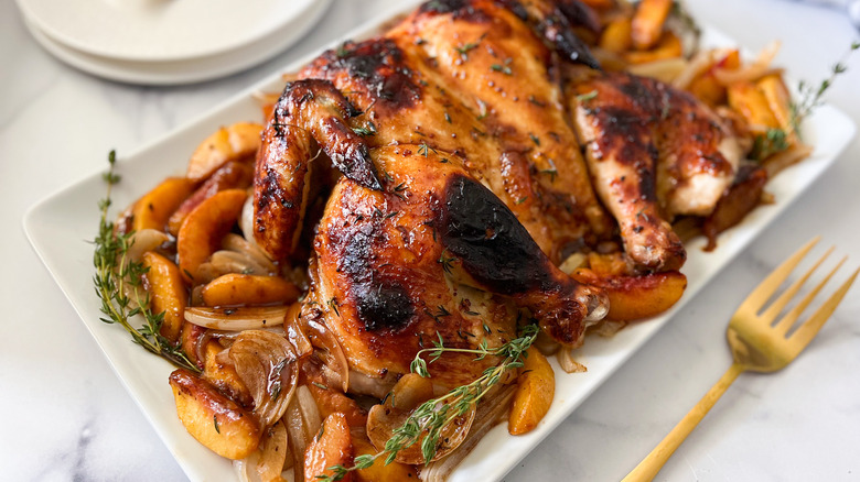 spatchcock chicken with balsamic peaches