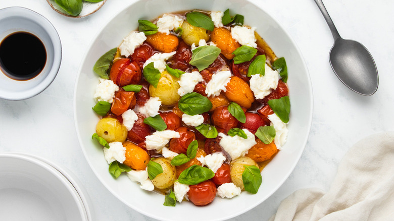 roasted caprese salad in bowl