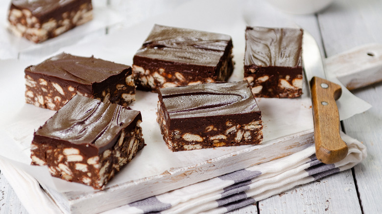 pieces of chocolate biscuit cake on wax paper