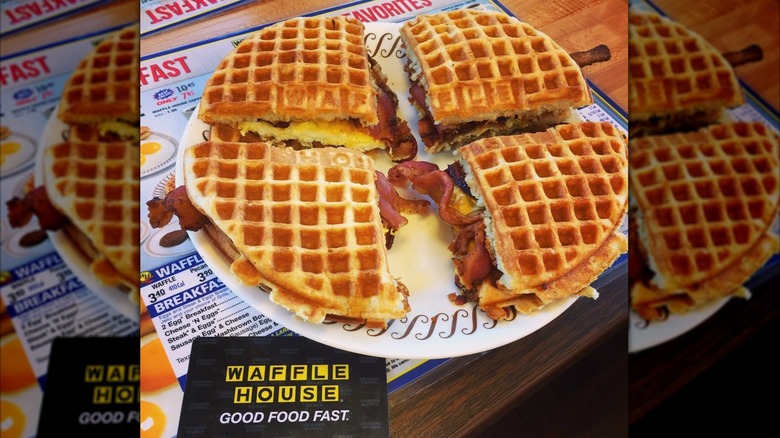 A Waffle House breakfast sandwich on waffles instead of bread