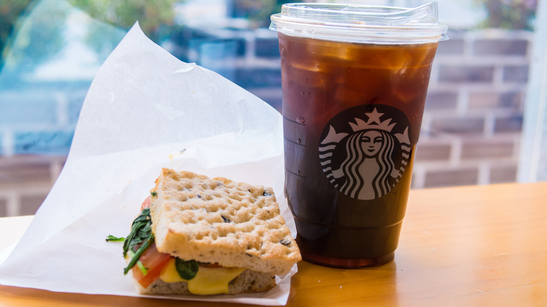 Starbucks sandwich next to iced coffee