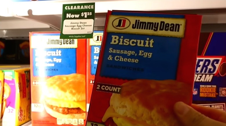 A clearance tag at Dollar Tree for Jimmy Dean biscuit breakfast sandwiches