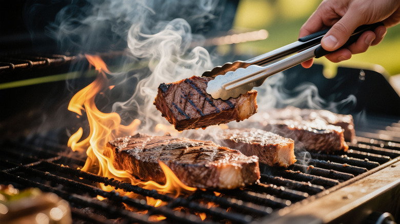 closeup of flipping steaks on grill