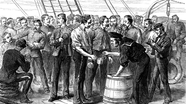 An 1800s illustration of grog being served to sailors.