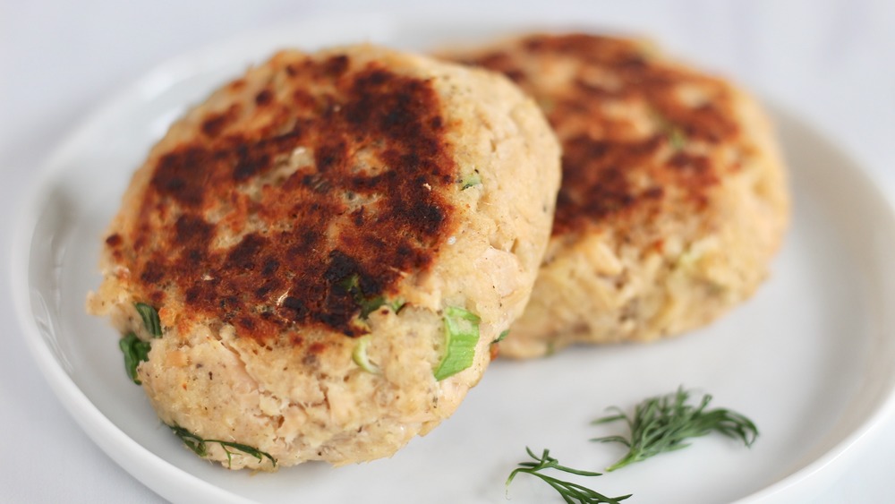 salmon patties on display