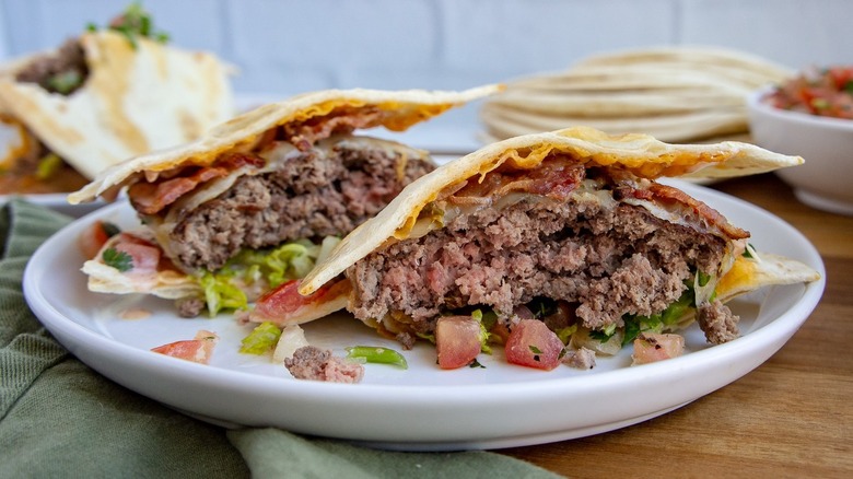 bacon cheeseburger on tortilla bun