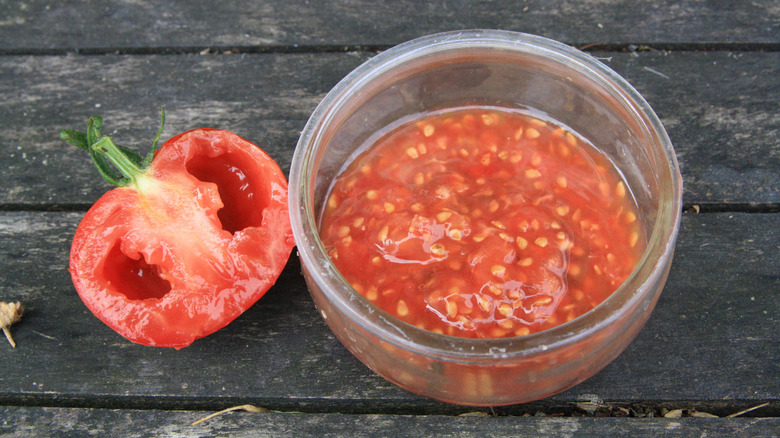 De-seeded tomato and bowl with tomato seeds