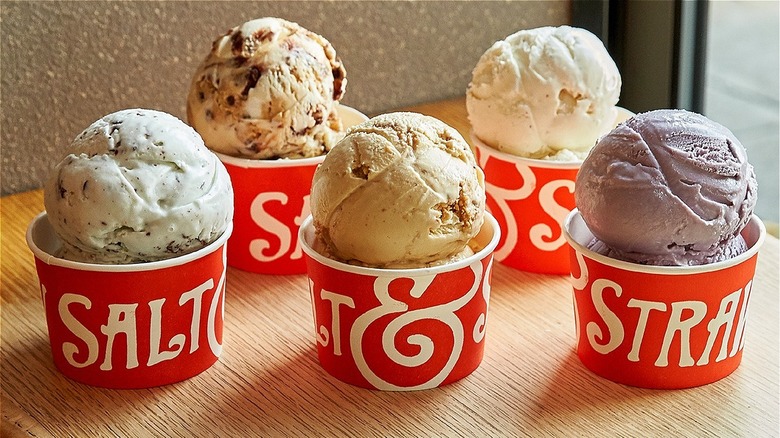 Five Salt & Straw scoops in branded cups