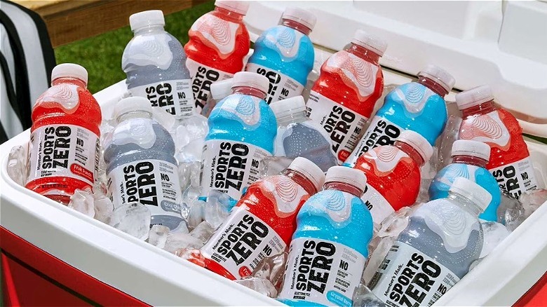 Member's Mark Sports Zero electrolyte beverages stashed in red cooler on ice.