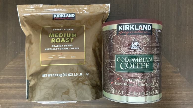 Kirkland Signature medium roast and Colombian ground coffees in respective packages