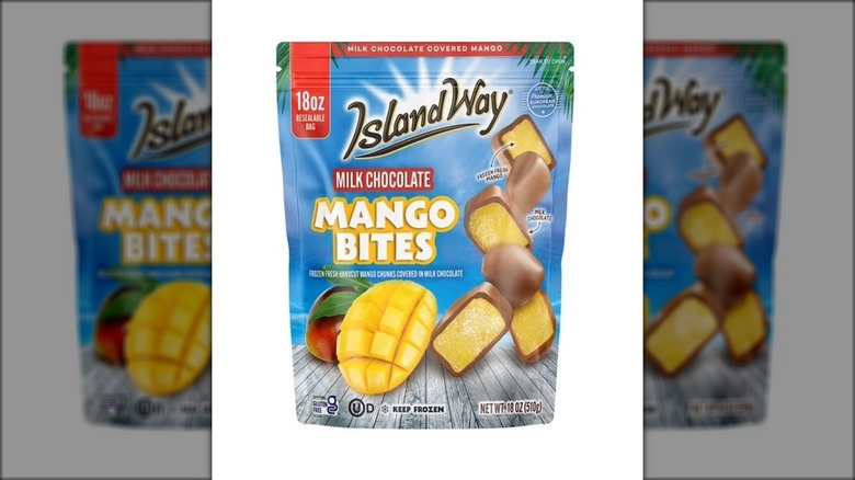 Bag of chocolate-covered mango bites.