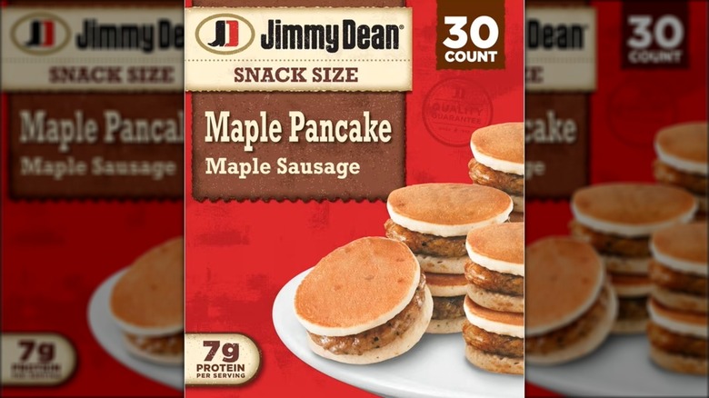 A box of maple pancake and sausage breakfast sandwiches.