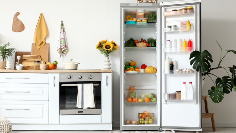A kitchen with an open fridge