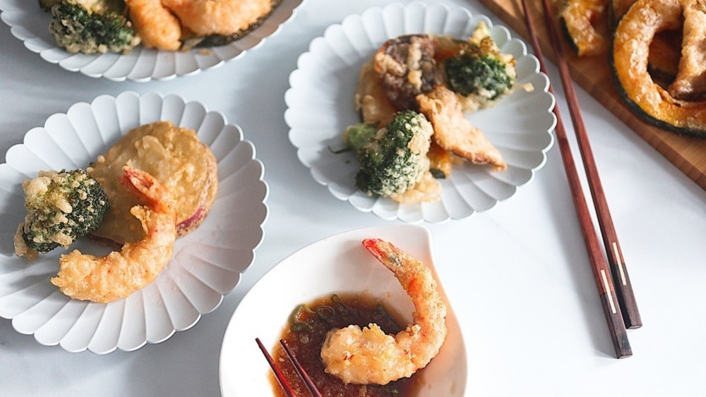 tempura shrimp on white plates