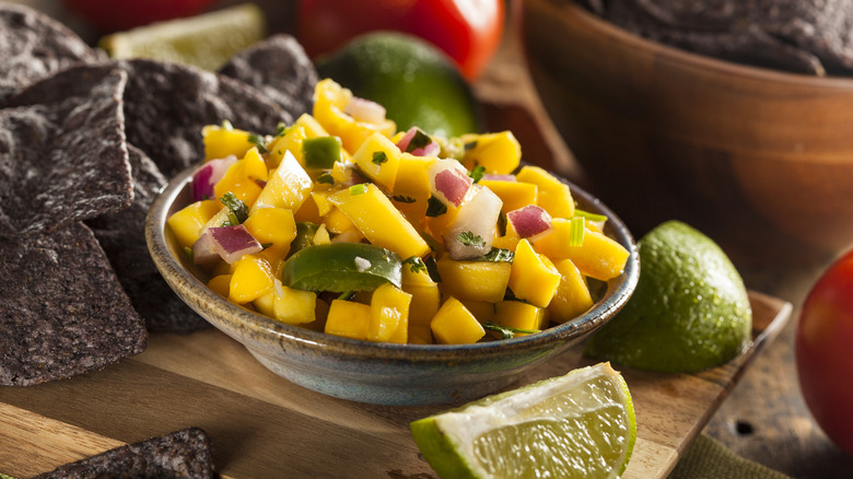 mango salsa with blue corn tortilla chips