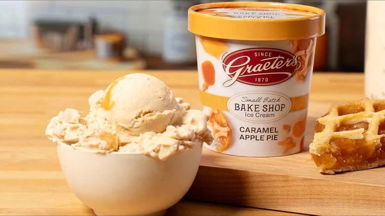 Graeter's Caramel Apple Pie Ice Cream pint next to bowl of ice cream and pie