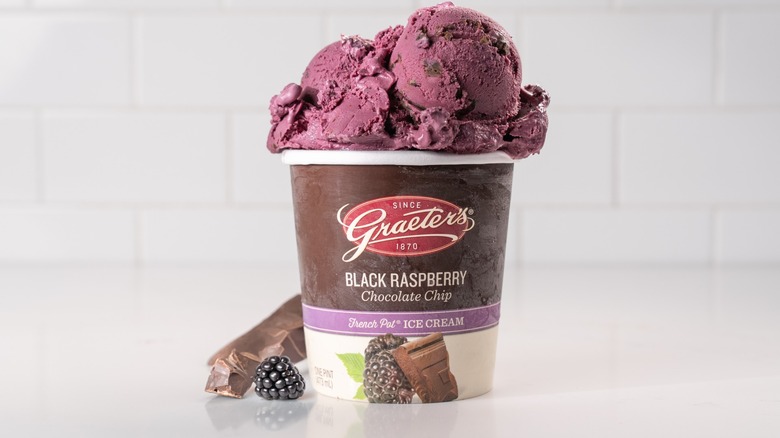 Open carton of Graeter's brand Black Raspberry Chocolate Chip ice cream