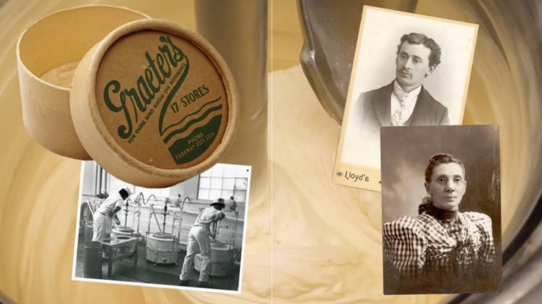 An old container for Graeter's Ice Cream with old photographs on a yellow background