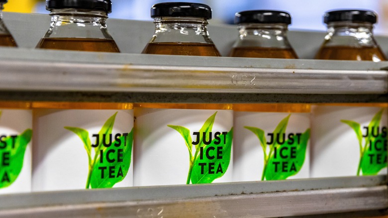 Bottles of Just Ice Tea on the factory line