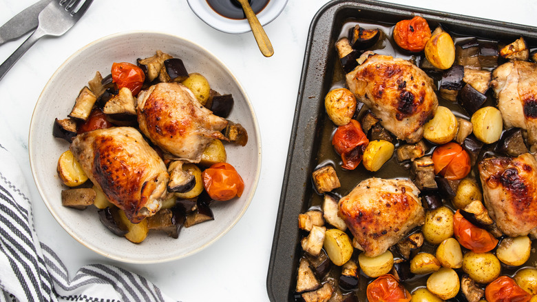 chicken and vegetables in pan