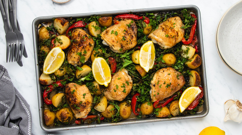 sheet-pan chicken and kale 