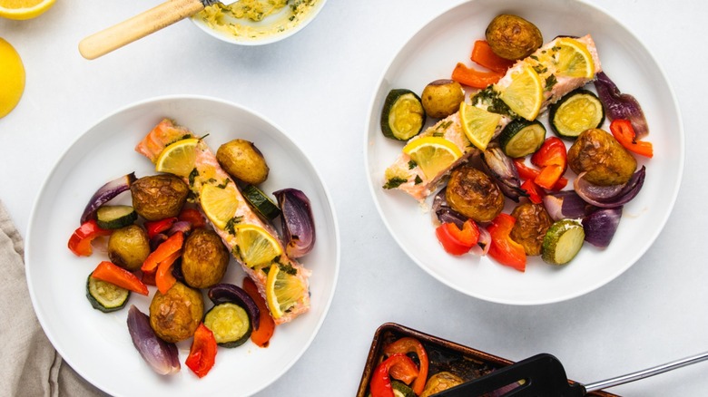 Sheet Pan Garlic Salmon Recipe, plated