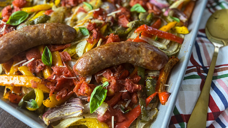 sheet pan Italian sausage on tray