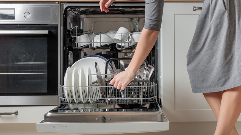Person opening dishwasher in kitchen