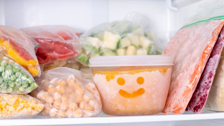 Bags of vegetables stored in freezer