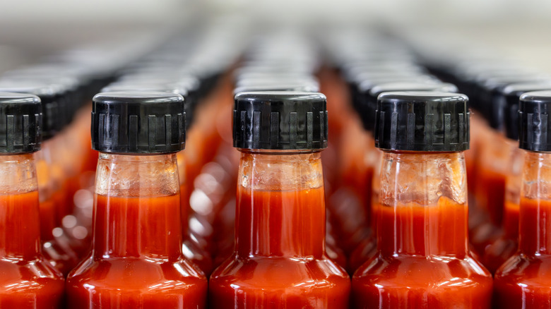 Rows of hot sauce bottles