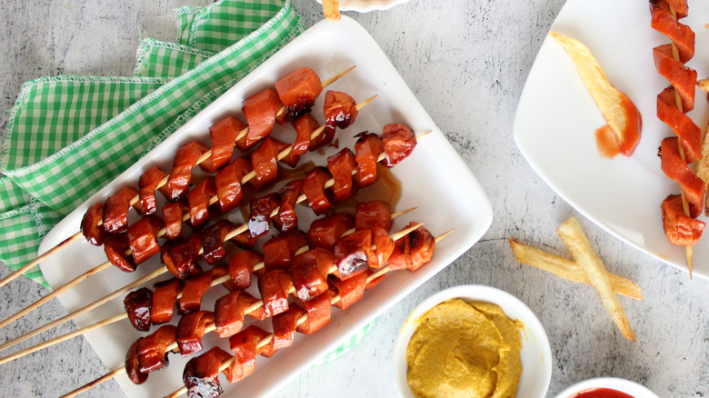 Spiral cut hot dogs and french fries with ketchup