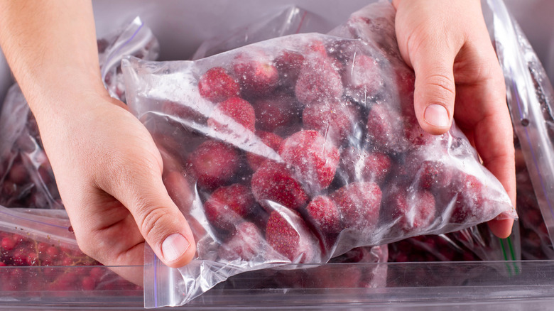 frozen strawberries in plastic bag