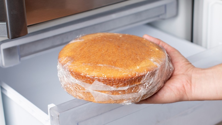 Stacked cakes wrapped in plastic